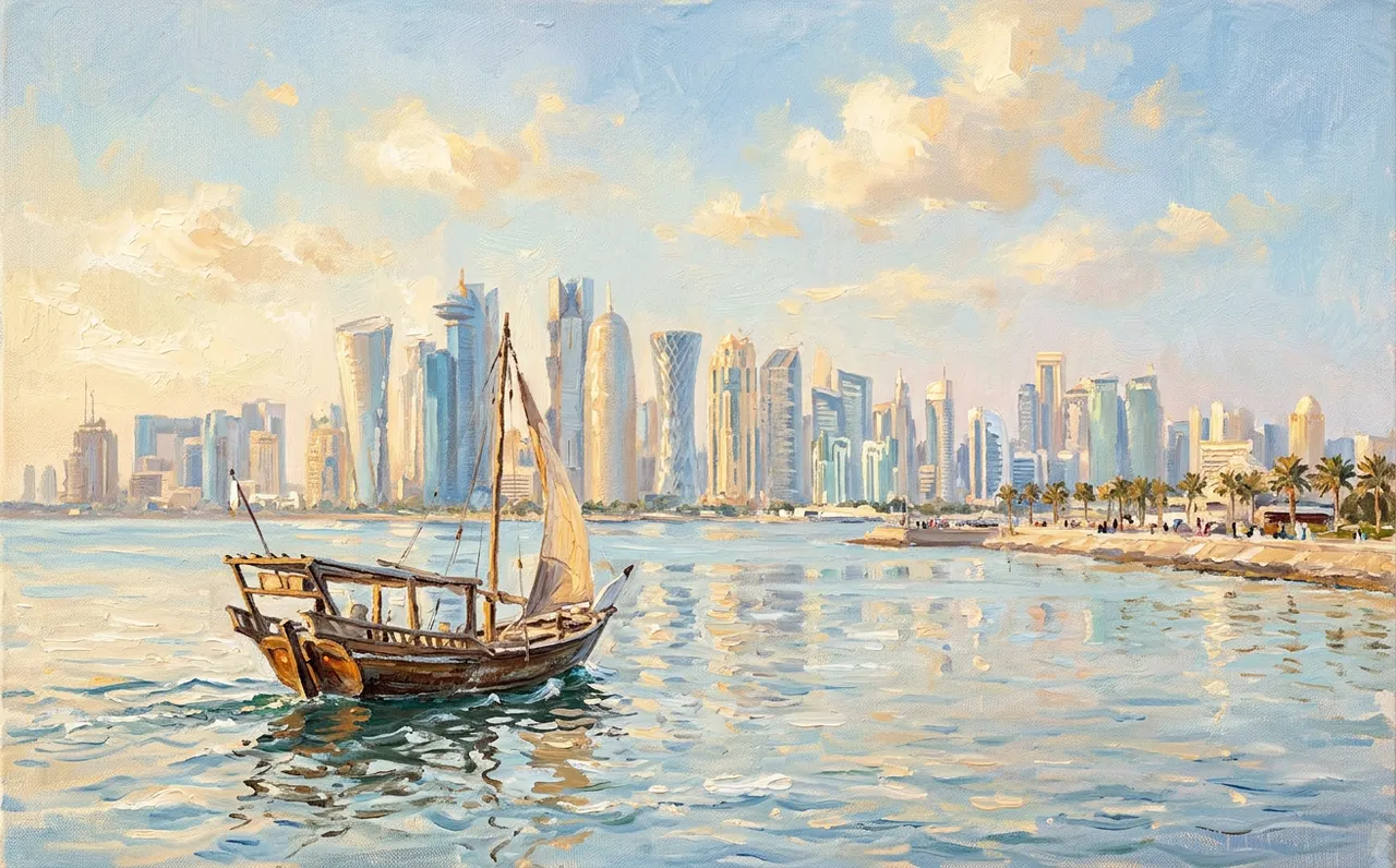 The Doha skyline across the Corniche with a dhow boat