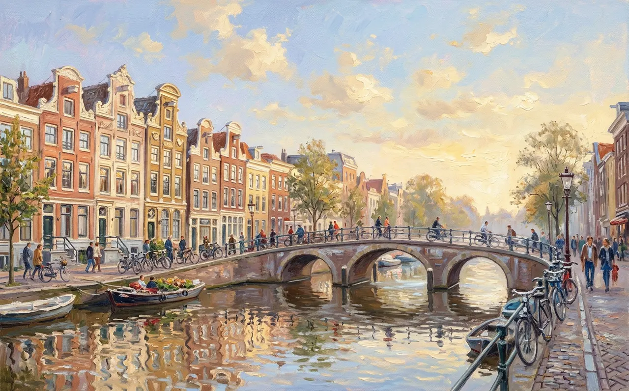 Canal houses and bicycles on an Amsterdam bridge